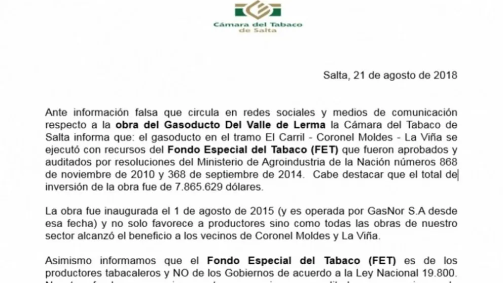 Comunicado emitido por la Cámara de Tabaco ante los falsos dichos viralizados