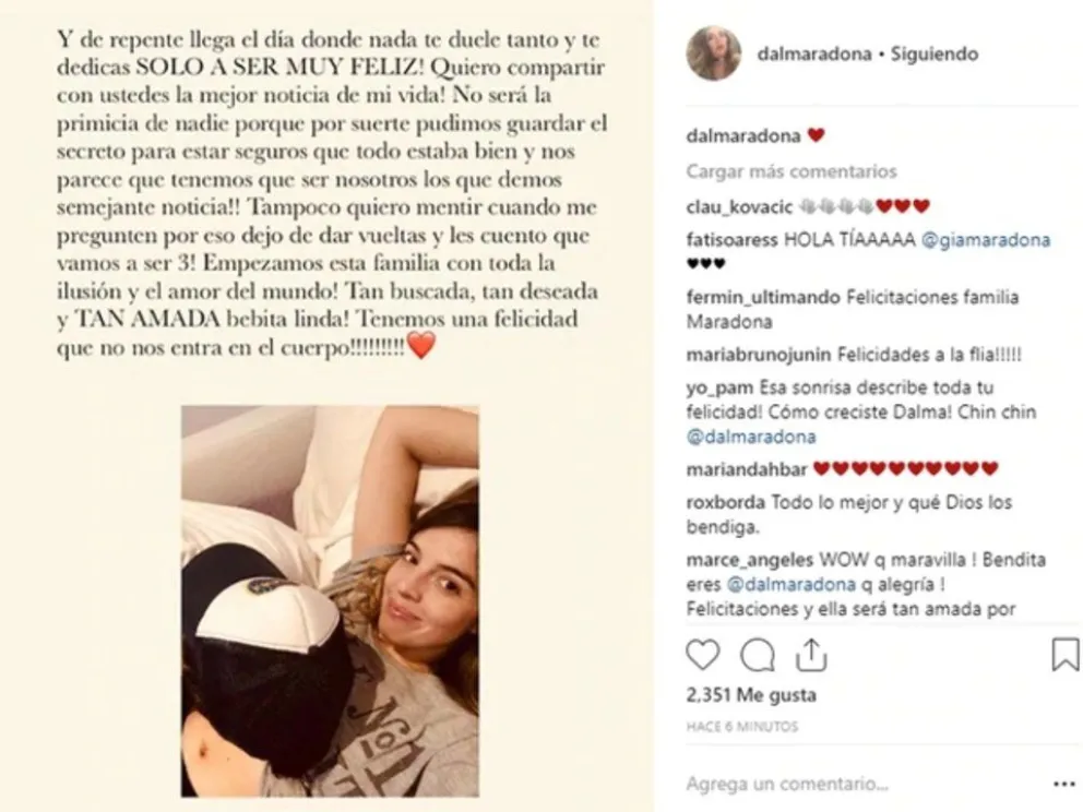 Dalma Maradona anunció que va a ser mamá de una nena: "Quiero compartir la mejor noticia de mi vida"