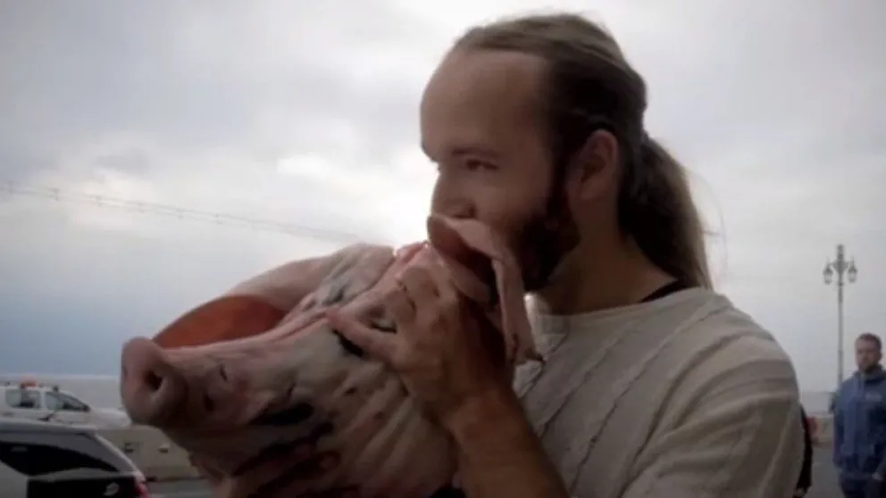 VIDEO: Un hombre se come una cabeza de cerdo cruda en un festival vegano