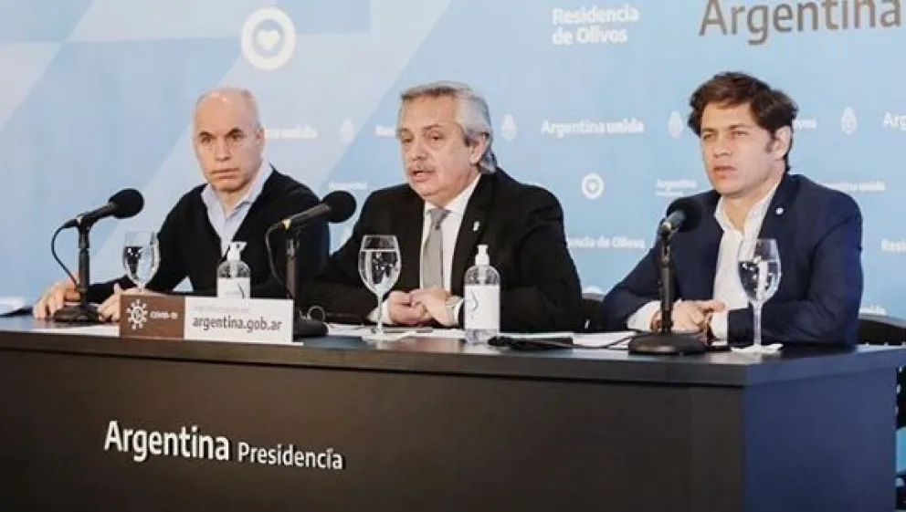 El jefe porteño Horacio Rodríguez Larreta, el presidente de la Nación, Alberto Fernández y el gobernador de Buenos Aires, Axel Kicillof.