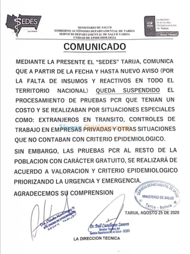 Preocupación en el norte: a través de un comunicado, informan que suspenden los testeos por falta de insumos