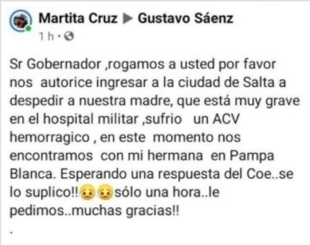 Humanitario gesto de Sáenz: autorizó a una familia a entrar a Salta para acompañar y despedir a su madre