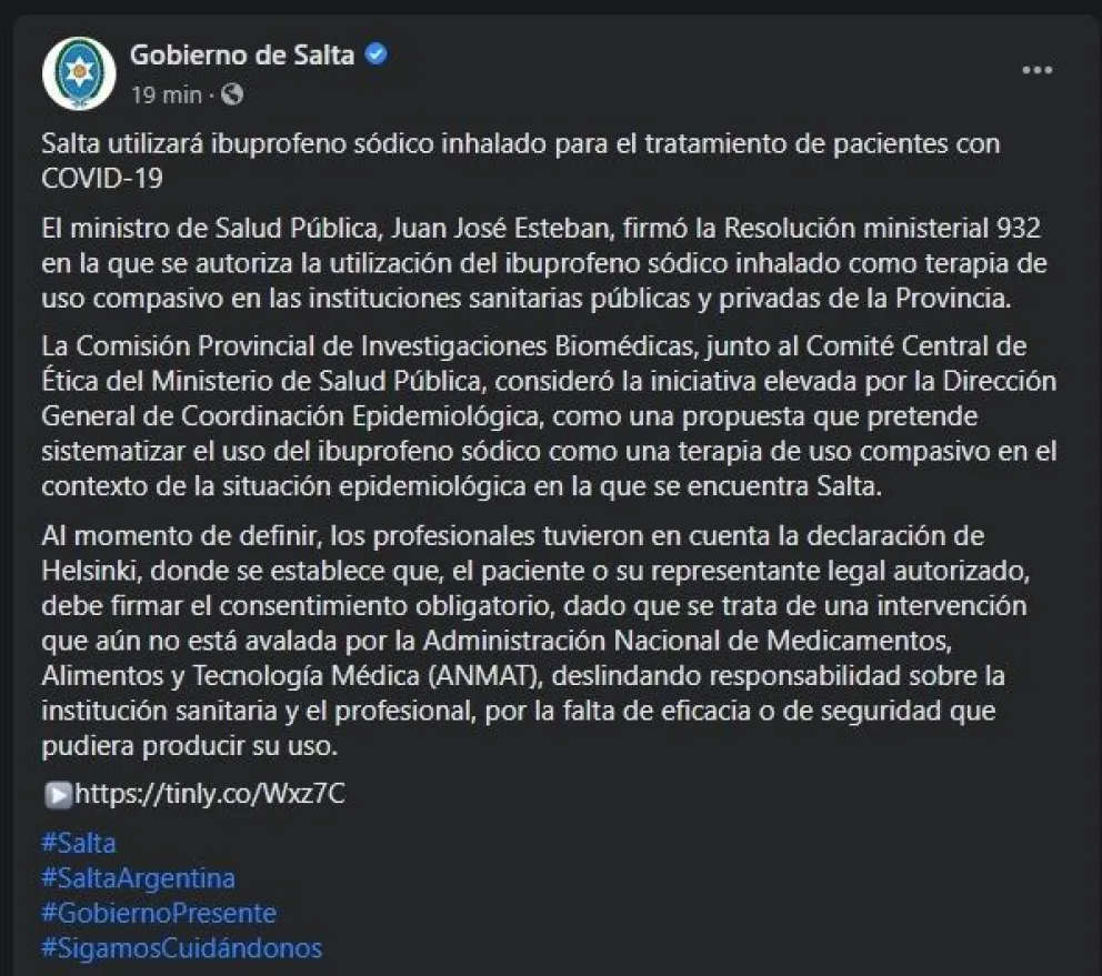 Confirmado: en Salta se aprobó el uso del ibuprofeno sódico para tratar a pacientes con coronavirus