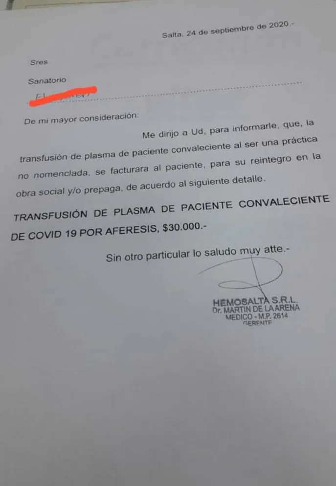 No hay lugar para los vivos: La empresa salteña que cobraba $30.000 por el plasma dio marcha atrás