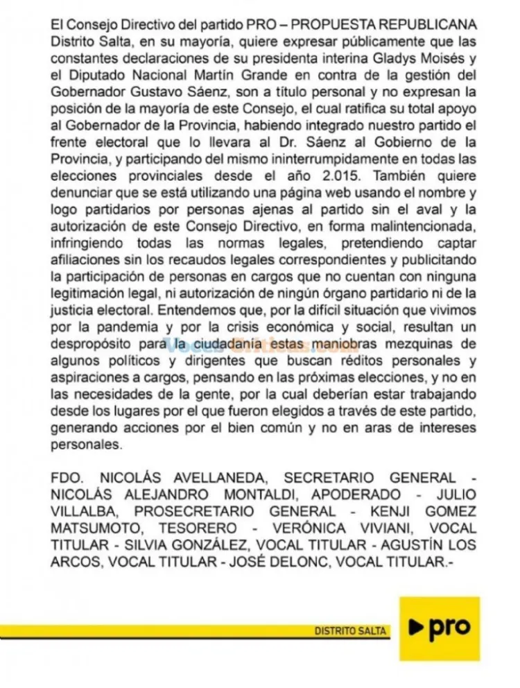 Durísimo y contundente: desde el PRO de Salta le sueltan la mano a Grande y Moisés por sus críticas a Sáenz