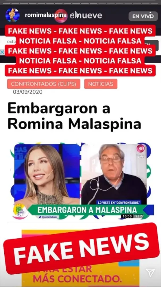 Romina Malaspina aclara la falsa información que se emitió ayer en Confrontados sobre el embargo a sus cuentas